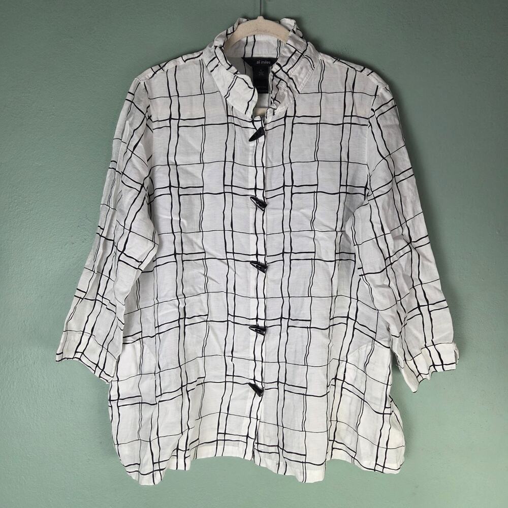 Ali Miles Womens Large White Black Grid Toggle Button Up Wired Collar Tunic Top